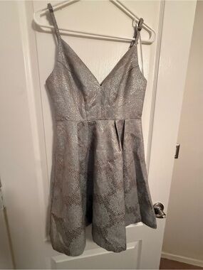 Aakaa Silver Lace-Textured V-Neck Party Dress
